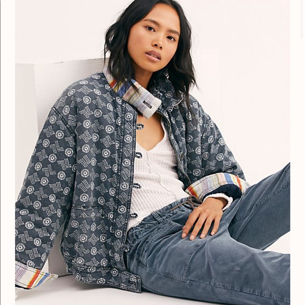 NWT free people | Mackenzie Bomber Jacket Large Indigo Combo Boho Artsy